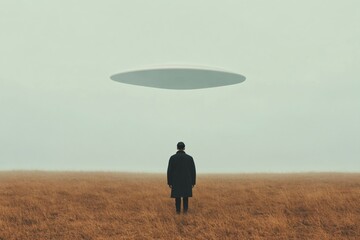 Mysterious UFO hovering over solitary man standing in vast autumn field under misty sky. Surreal extraterrestrial encounter scene. Science fiction concept with copy space