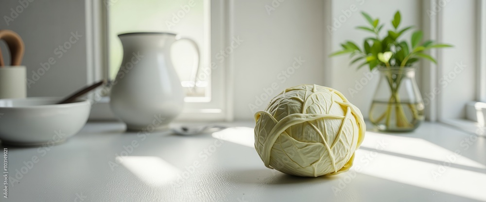 Poster a white cabbage sits on a countertop in front of a window. the cabbage is surrounded by a few vases 
