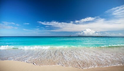 Beautiful tropical beach with palm trees, sunset beach seascape, design template for travel banner.