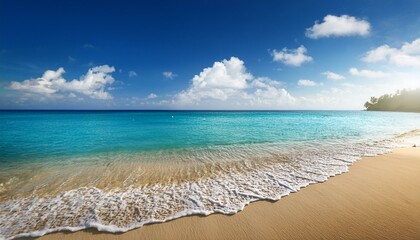 Beautiful tropical beach with palm trees, sunset beach seascape, design template for travel banner.