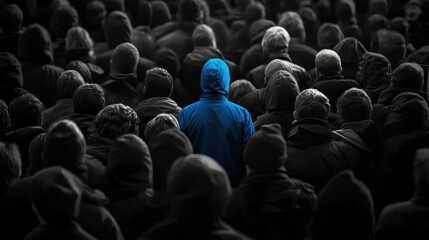Obraz premium Blue silhouette of couple standing in monochrome crowd of different people,surreal unique and different concept,loneliness in society,shadow,freedom,Love,be yourself,Stand out from the crowd.