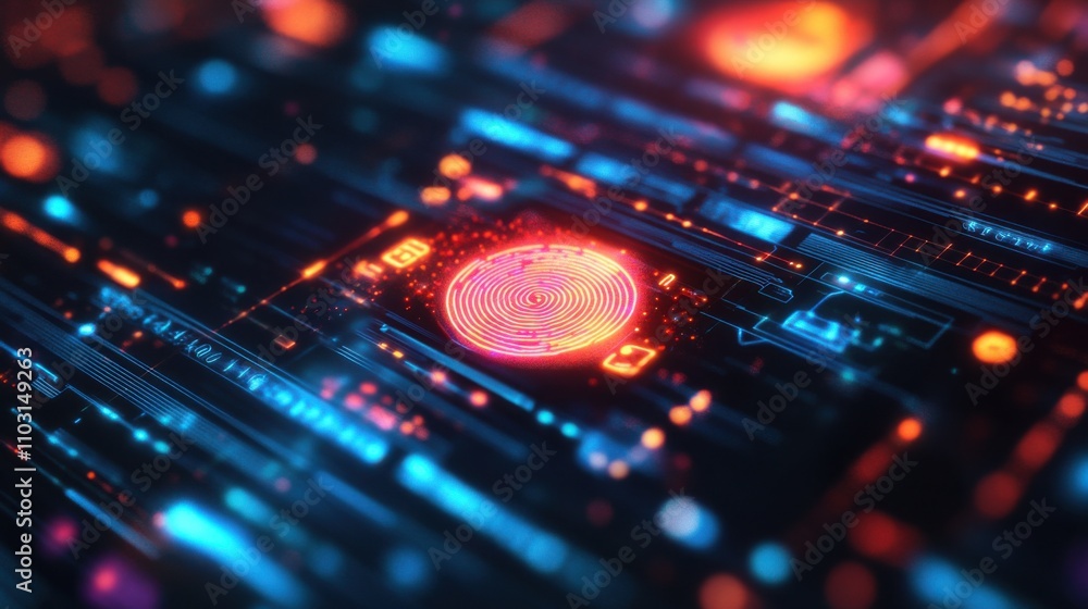Aufkleber abstract digital background with neon lines and circular shapes