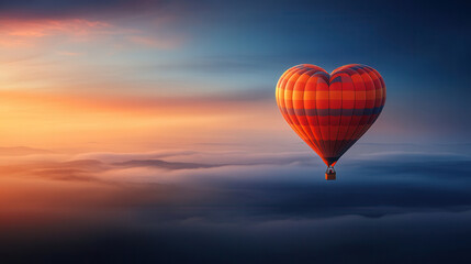 Fototapeta premium heart shaped hot air balloon floats gracefully in sky at sunset, surrounded by soft clouds and vibrant colors, evoking sense of romance and adventure
