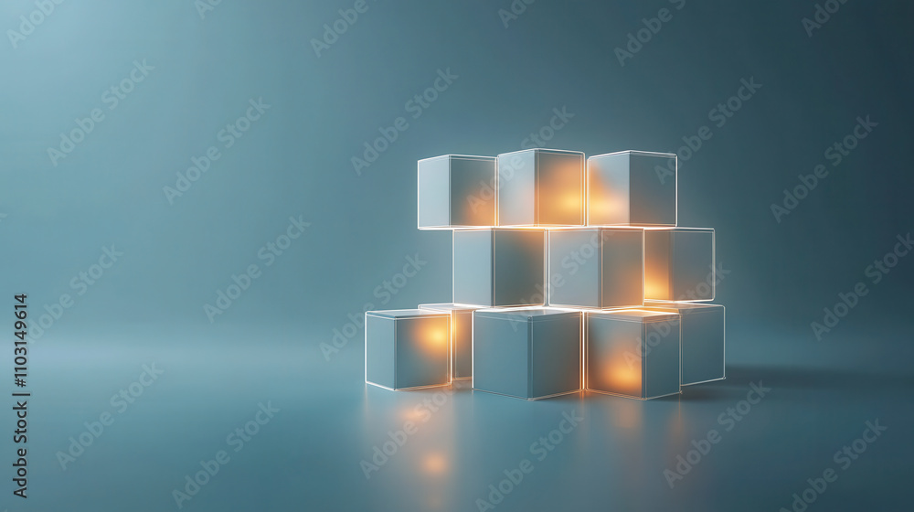 Poster minimalist 3d representation of illuminated blocks creating modern aesthetic. soft glow enhances ser