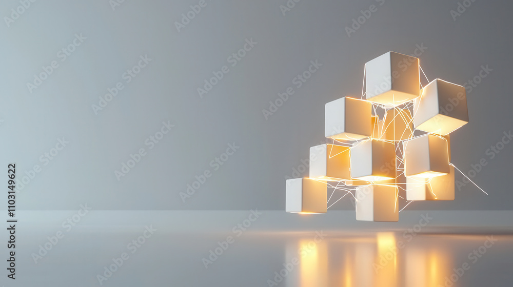 Aufkleber minimalist 3d representation of interconnected white blocks with glowing lines, creating modern and 