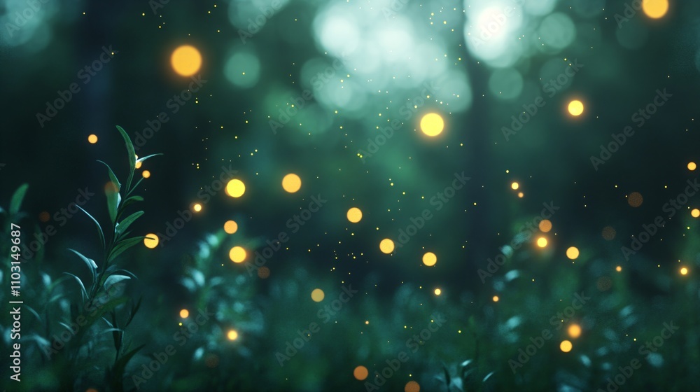 Poster magical forest background with glowing fireflies and bokeh lights in dark turquoise twilight. enchan
