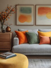 Modern Living Room with Colorful Cushions. A Cozy Gray Sofa Adorned with Vibrant Pillows, Complemented by Abstract Wall Art, a Yellow Ottoman, and a Wooden Cabinet with Fresh Flowers.