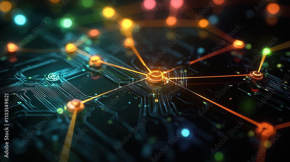 Poster vibrant network map showcasing glowing paths of encryption and connections, illustrating advanced te