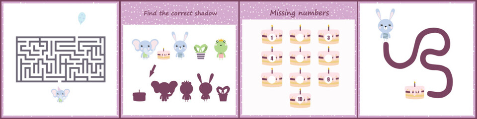 I spy. Maze with cute animals. Kids mini game for development.