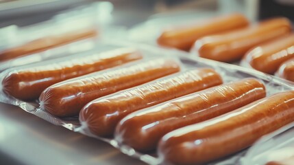 A pack of neatly aligned hot dog sausages in vacuum-sealed plastic, displayed on a factory scene