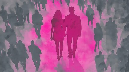 Pink silhouette of couple standing in monochrome crowd of different people,surreal unique and different concept,loneliness in society,shadow,freedom,Love,be yourself,Stand out from the crowd.
