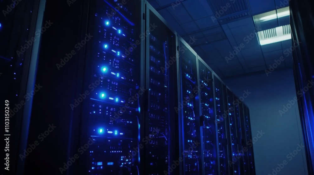Poster futuristic data center with illuminated server racks and technology
