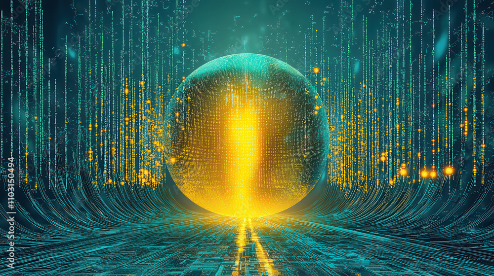 Poster sci fi digital vault with glowing sphere and data streams, representing technology and innovation