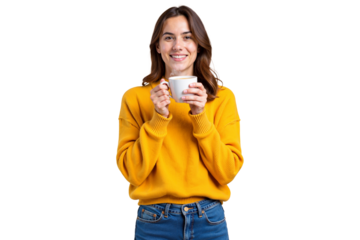isolated portrait of a smiling young woman in a yellow sweater holding a coffee cup