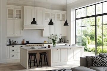 Modern Farmhouse Kitchen with White Cabinetry, Large Island, Pendant Lighting, and Garden Views Through Floor-to-Ceiling Windows.