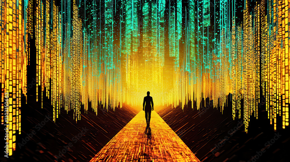 Poster digital vault with silhouette walking through vibrant, glowing pathway surrounded by colorful data s
