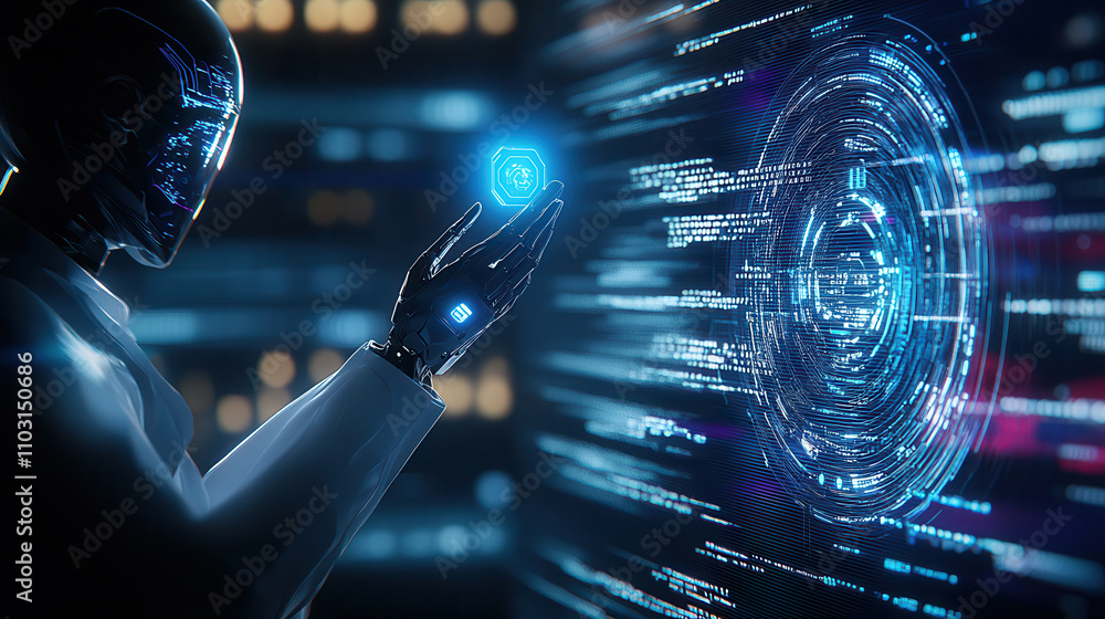 Poster sleek ai robot holding glowing security token, surrounded by digital data. futuristic scene conveys 