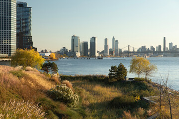Outdoor park overlooking the East River toward Brooklyn. 