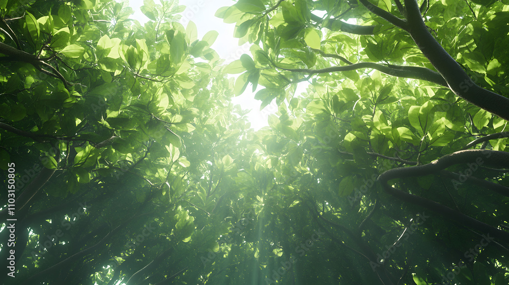 Poster rays of sunlight illuminate a dense forest with intertwined tree trunks and vines, creating a mystic