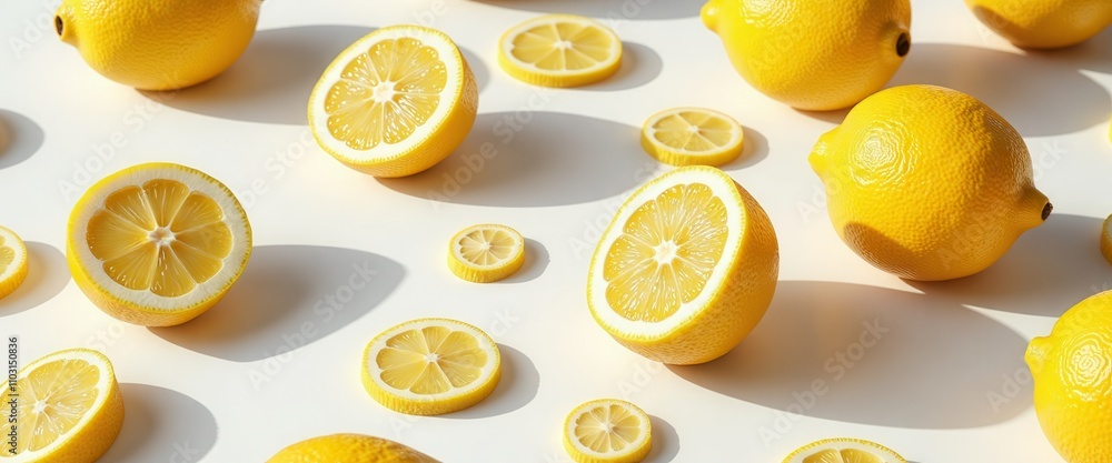 Poster a close up of a bunch of lemons with some of them cut in half. the lemons are arranged in a pattern 