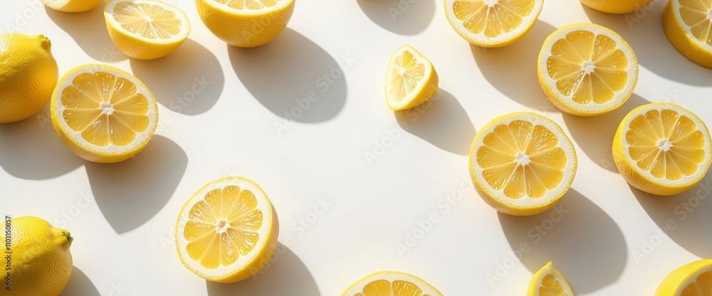 Poster a close up of a bunch of lemons with some of them cut in half. the lemons are arranged in a pattern 