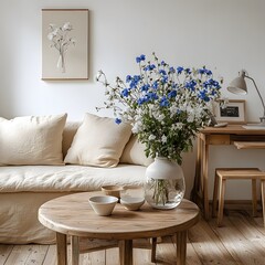 Cozy Living Room with Rustic Wooden Coffee Table, Ceramic Vase with Blue and White Flowers, and Minimalist Decor Featuring Wooden Bowls and Neutral Tones.