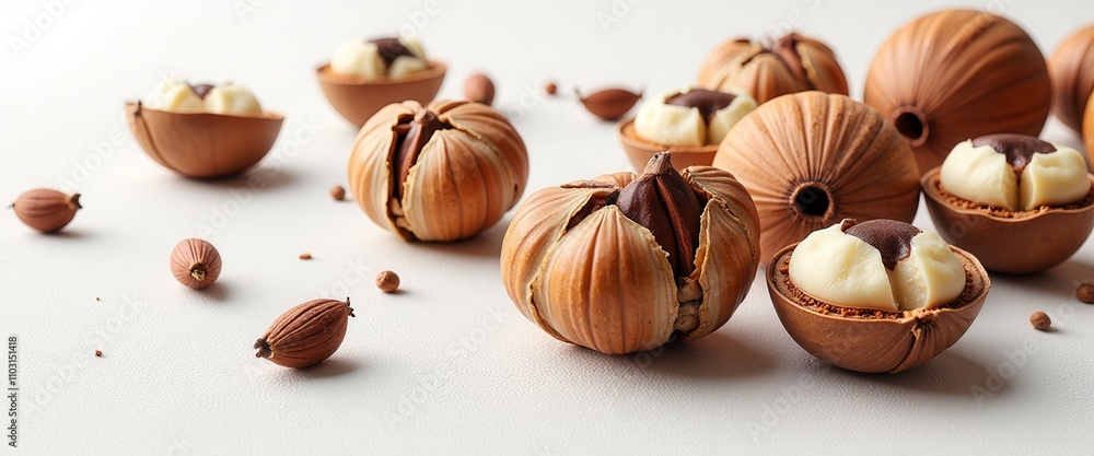 Poster a pile of walnuts with some of them open. the walnuts are scattered on a table