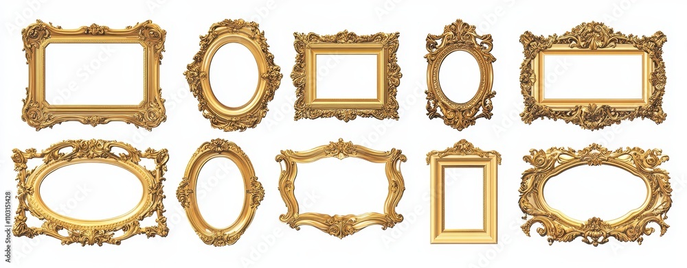 Wall mural A collection of ten ornate gold picture frames with different shapes and sizes, isolated on a white background.