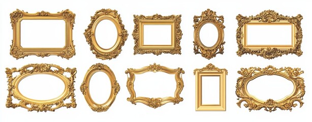 A collection of ten ornate gold picture frames with different shapes and sizes, isolated on a white background.