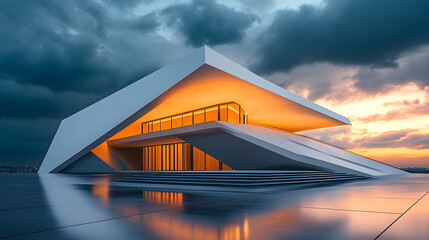 Contemporary architectural masterpiece with angular design, glowing warmly at night, set against a reflective pond and natural surroundings..