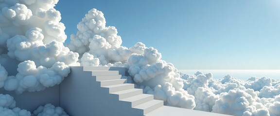 A white staircase is shown against a backdrop of white clouds. Concept of peacefulness and serenity, as if the viewer is ascending a spiritual path. The white clouds and staircase create a harmonious