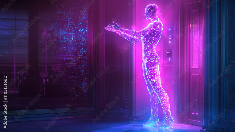 Poster virtual assistant in 3d holographic form interacts in futuristic setting, showcasing advanced techno