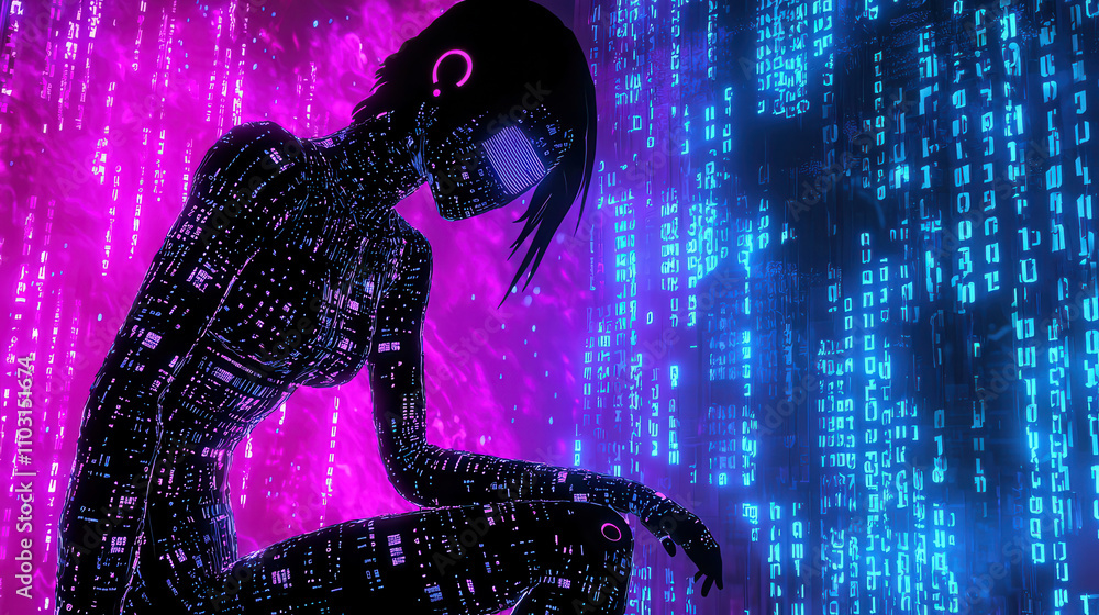 Poster virtual assistant in 3d holographic form interacts with digital data, showcasing futuristic aestheti