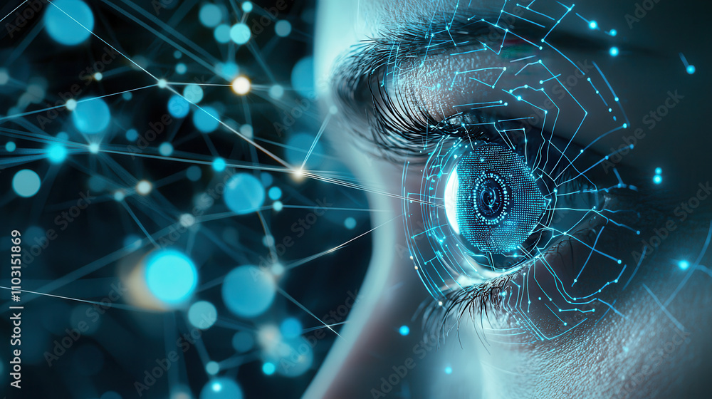 Aufkleber visually striking scene of ai eye scanning with intricate digital patterns and glowing elements, sho
