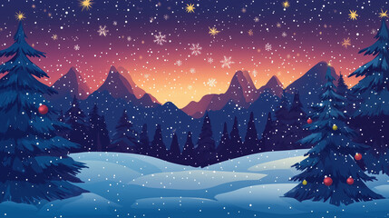 Fototapeta premium cartoon winter night landscape with christmas trees in the mountains
