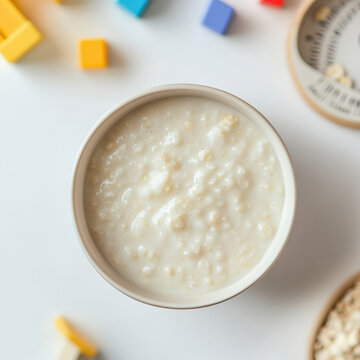 a bowl of creamy infant cereal meant for a 1-year-old baby.