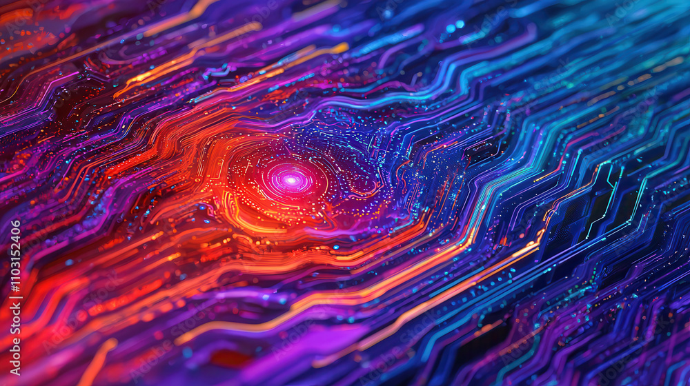 Poster abstract holographic representation of vibrant colors and patterns, showcasing intricate lines and g