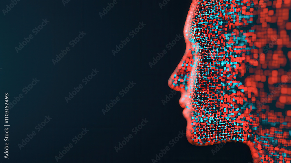 Poster abstract holographic representation of human face with digital patterns, showcasing technology and i