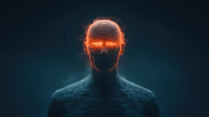 Fototapeta premium abstract holographic representation of person with glowing features, evoking sense of mystery and intrigue. figure is surrounded by ethereal smoke and light