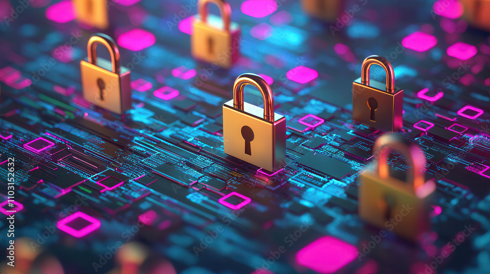 Aufkleber abstract representation of digital encryption with golden locks on vibrant circuit board background,