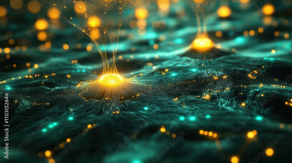 Poster Abstract Digital Network Waves with Glowing Nodes and Light Effects