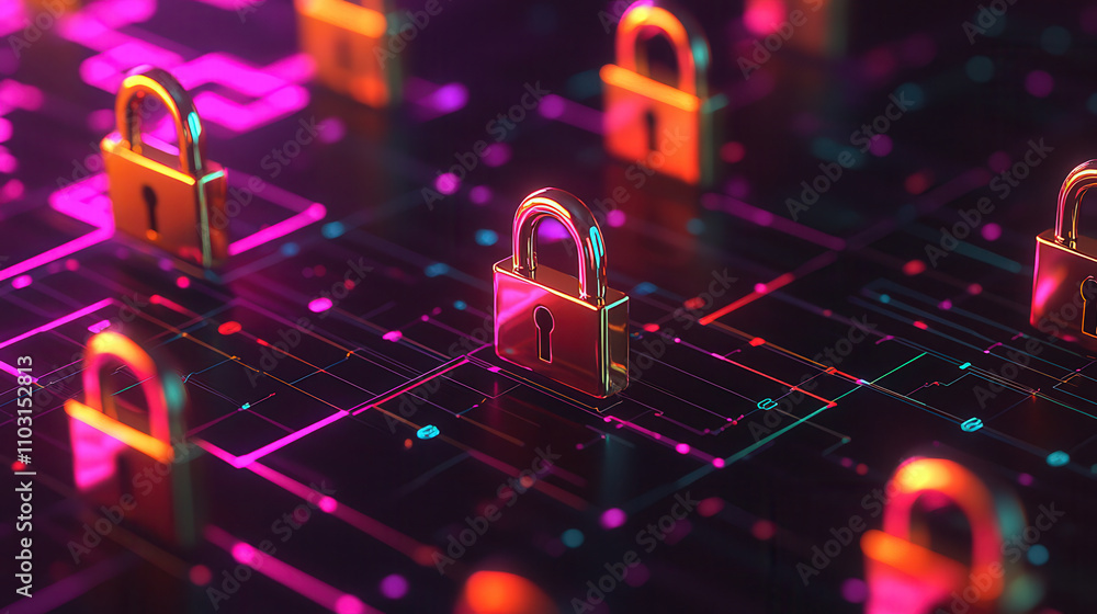Poster abstract representation of digital encryption with glowing locks, vibrant colors, and intricate patt
