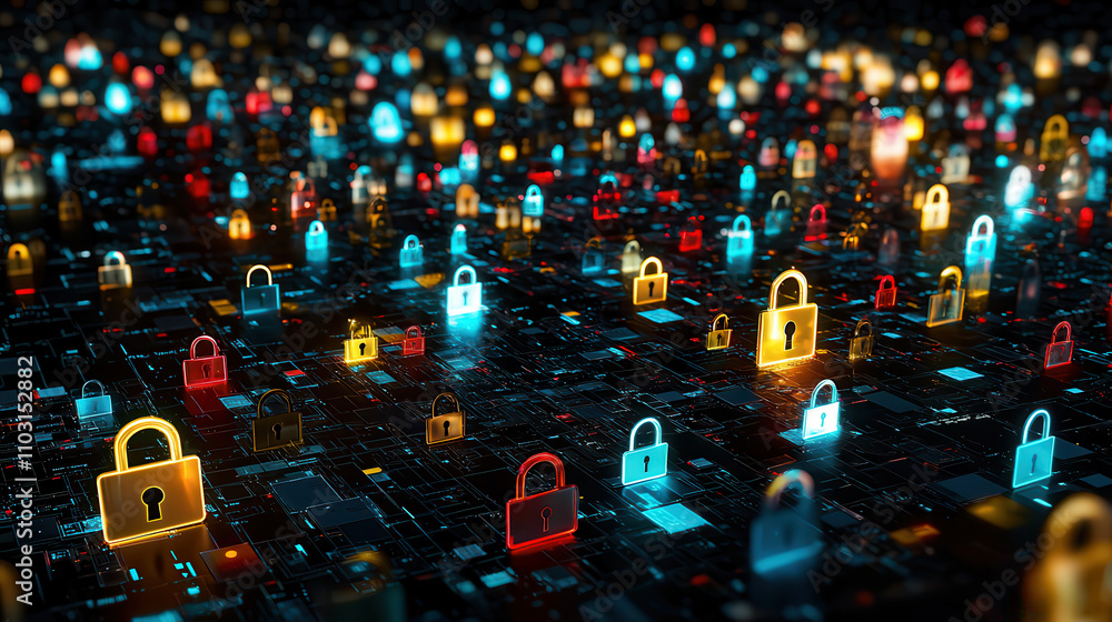 Poster artistic visualization of data protection featuring colorful locks on digital background, symbolizin