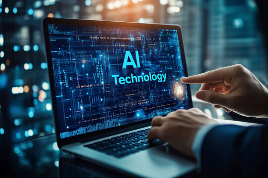 AI - Artificial Intelligence in der t&auml;glichen Anwendung am Laptop oder Tablet, eine Person sitzt am Laptop und benutzt f&uuml;r die t&auml;gliche Arbeiten KI Technologie