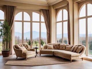Fototapeta premium Chic Classical Living Room with Plush Seating by the Window