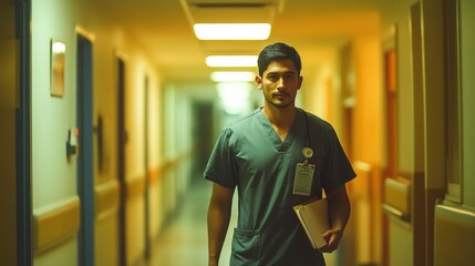 Dedicated Healthcare Worker A Male Nurses Night Shift on International Shift Worker Sunday, Labor Day, and World Health Day