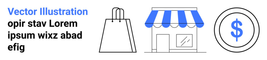 Shopping bag, storefront with blue awning, and dollar sign icon. Ideal for e-commerce, retail, online shopping, small business, sales strategy financial planning marketing. Landing page