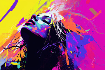 Abstract modern art painting portrait of beautiful woman on colorful background