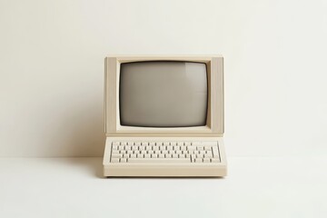 Beige vintage desktop computer with a black screen and a keyboard on a white background.