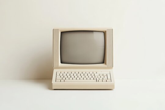 Beige vintage desktop computer with a black screen and a keyboard on a white background.